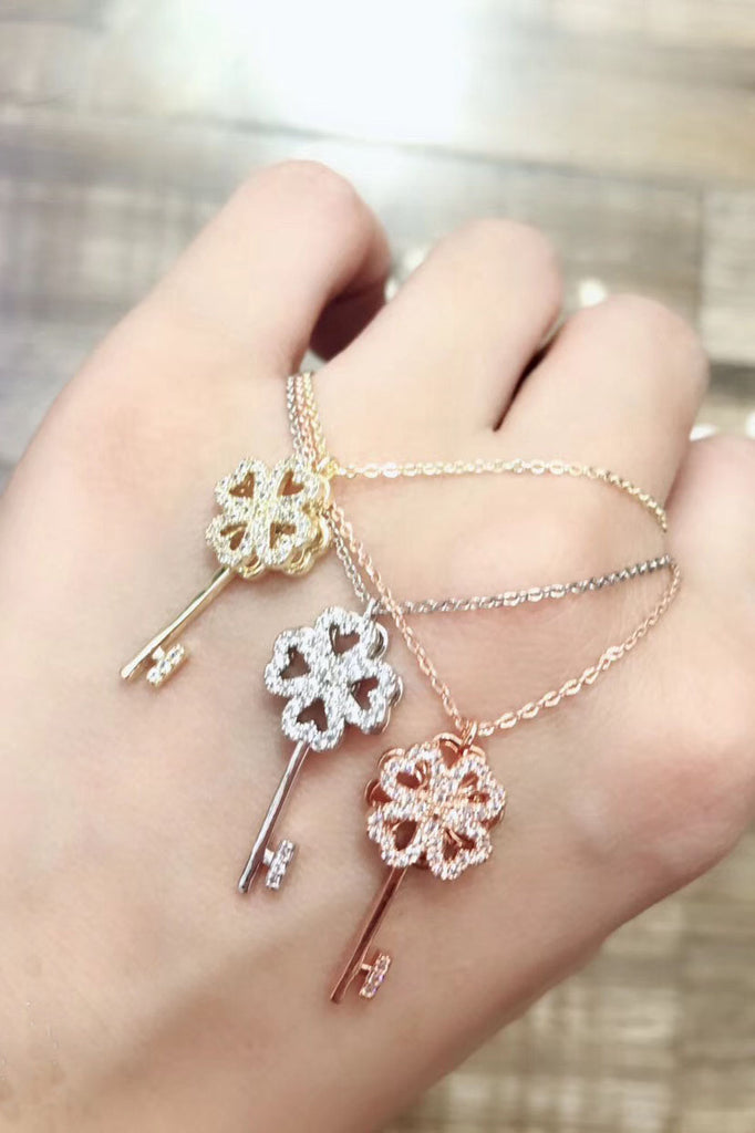 four-leaf clover crystal key necklace