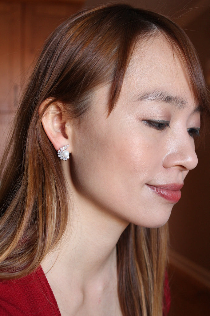 double crystal chain pearl earring set