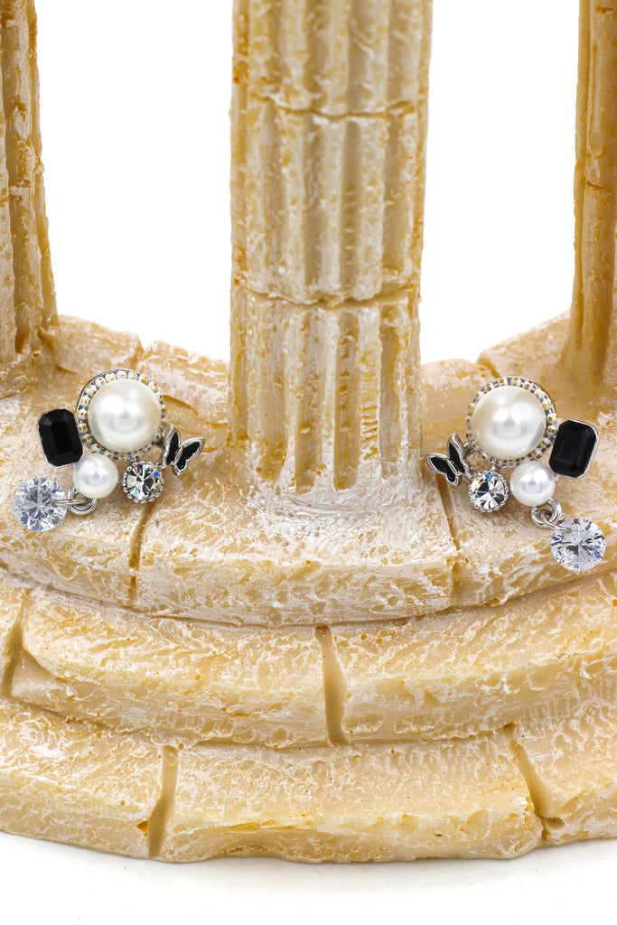 elegant white and black pearl pendant crystal silver earrings