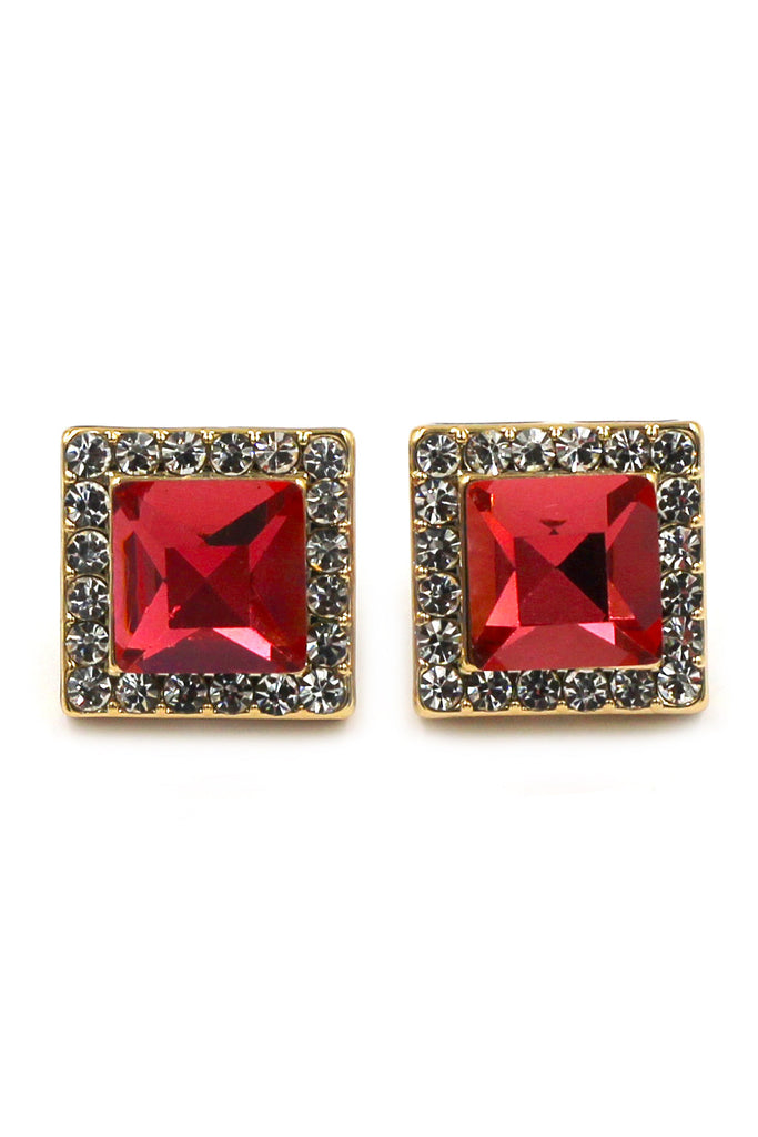 bright ruby square crystal gold earrings