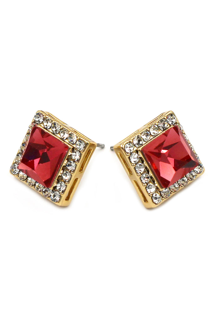 bright ruby square crystal gold earrings