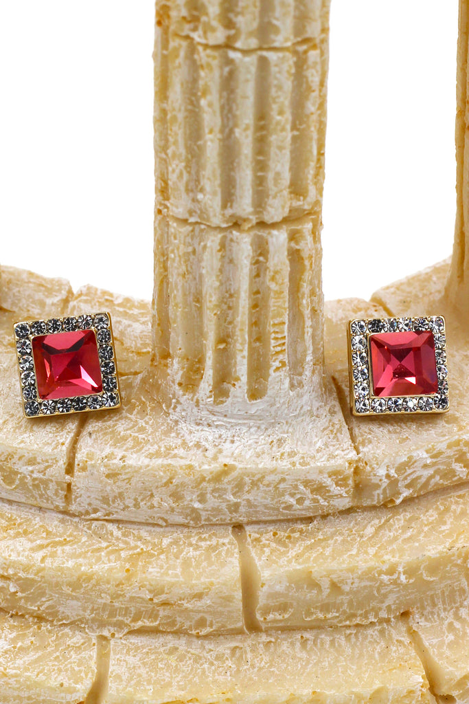 bright ruby square crystal gold earrings