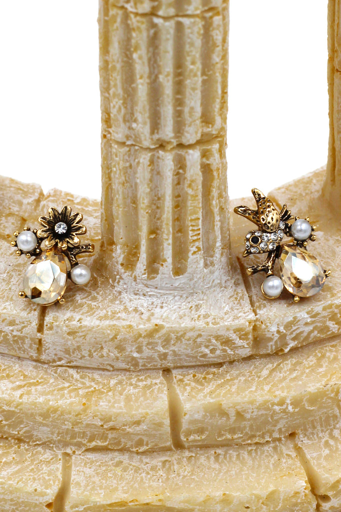 elegant crystal bird and flower gold earrings