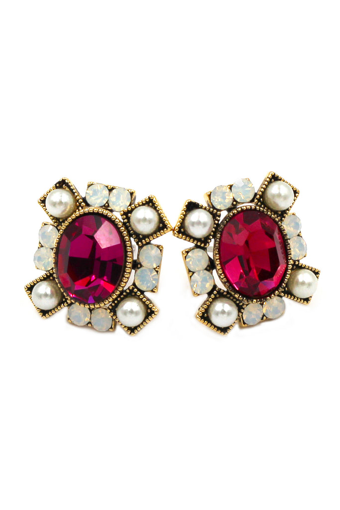 elegant colour crystal and pearl gold rim earrings