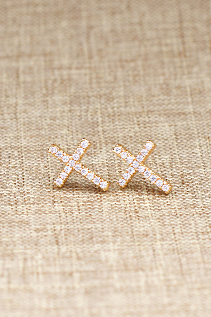golden mini cross crystal earrings