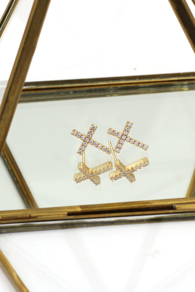 simple gold mini cross earrings necklace set