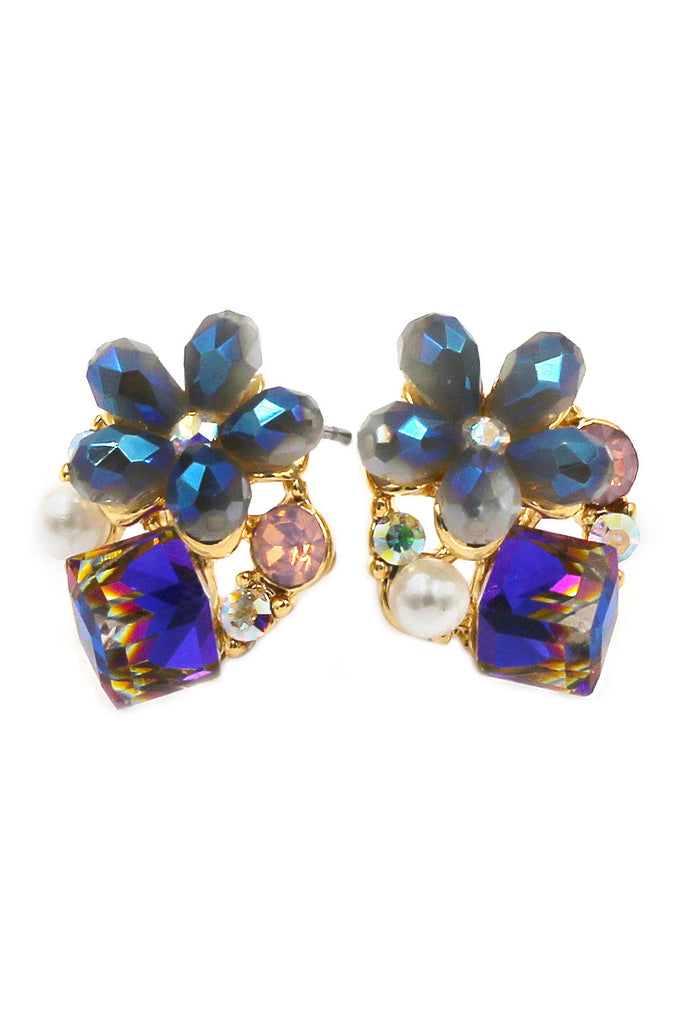 lovely flower and cubic gold rim earrings