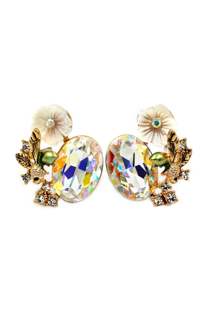 stylish crystal oval and flower earrings