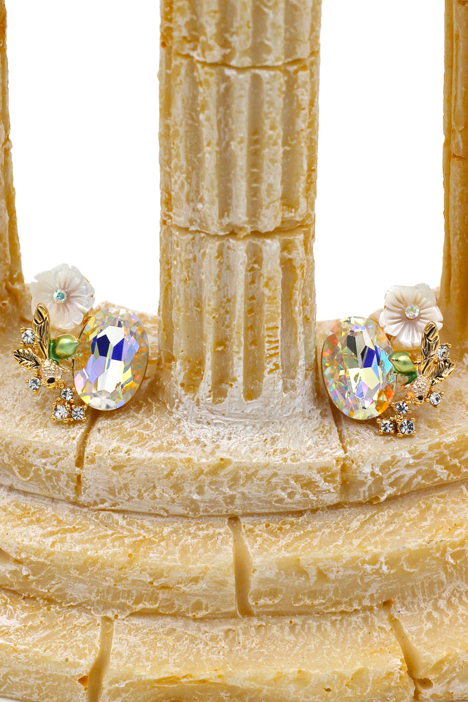 stylish crystal oval and flower earrings