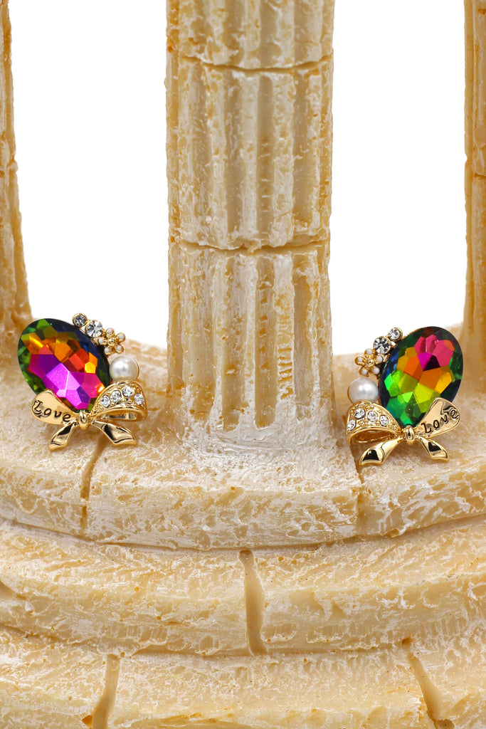 elegant oval diamond bowknot gold earrings