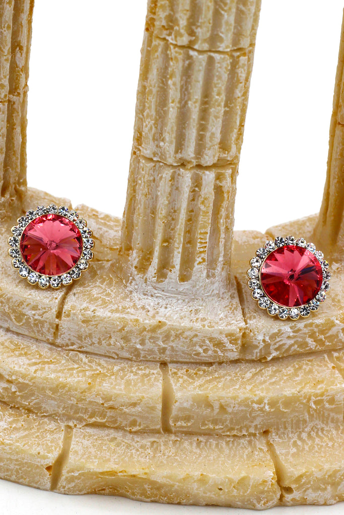 noble crystal red flower golden rim earrings