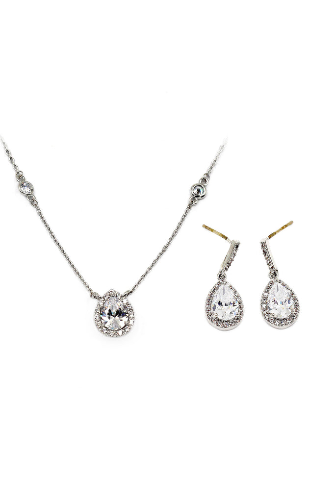 elegant crystal droplets silver necklace earring set