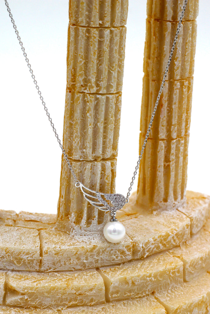 single crystal wing and pearl silver necklace