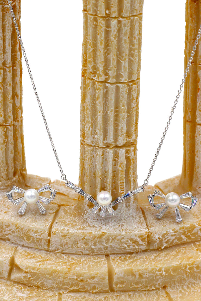 simple rosette crystal and pearl necklace earrings set