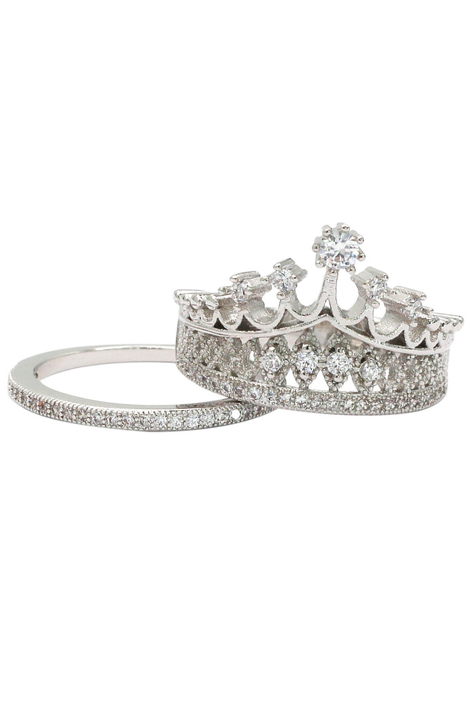 elegant crystal crown double silver ring