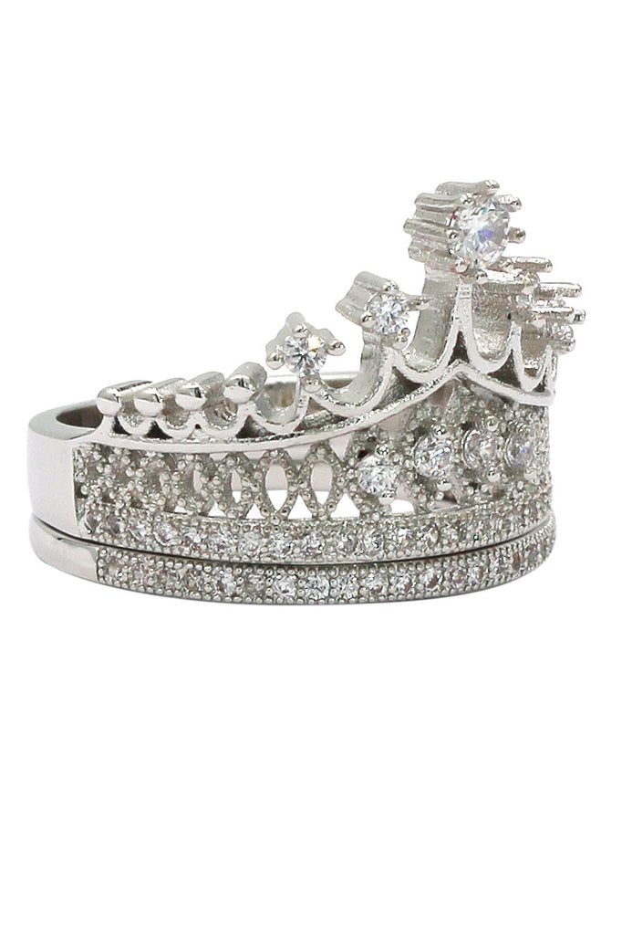 elegant crystal crown double silver ring
