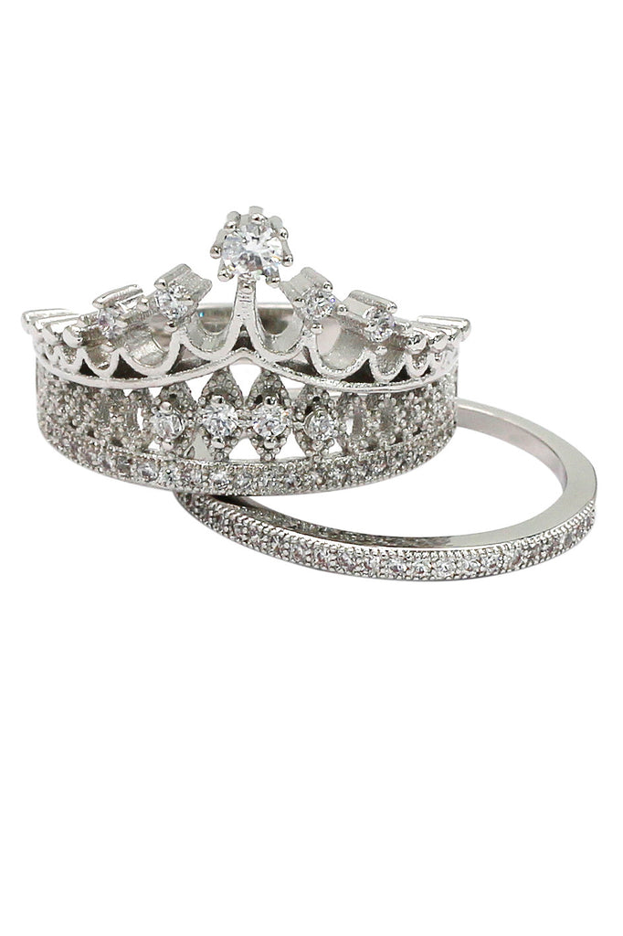 elegant crystal crown double silver ring