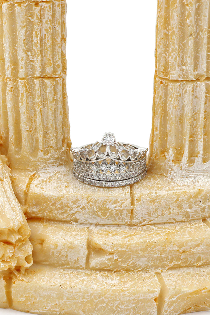 elegant crystal crown double silver ring