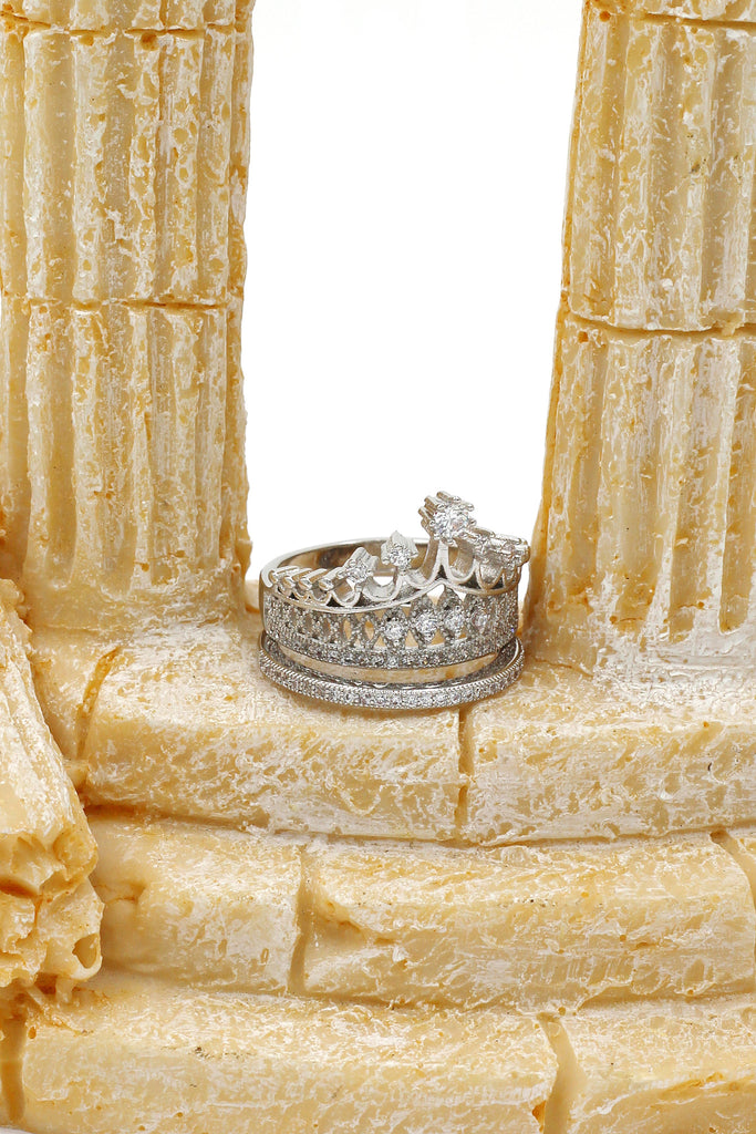 elegant crystal crown double silver ring