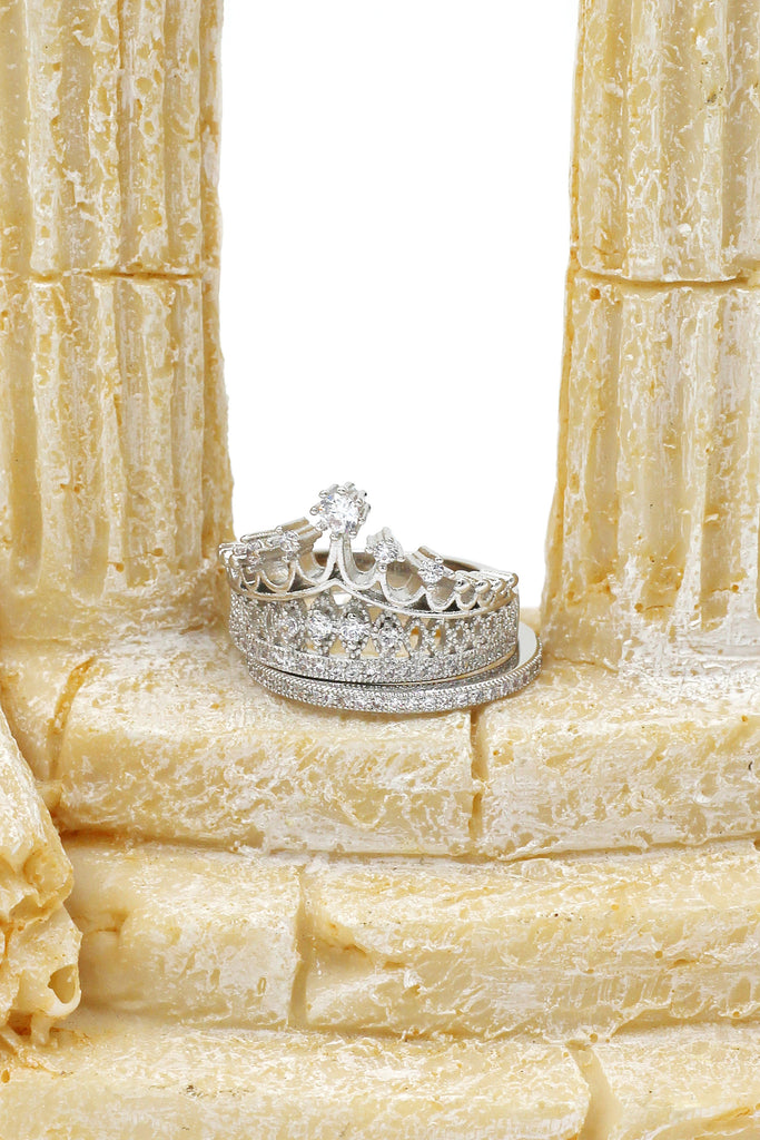 elegant crystal crown double silver ring