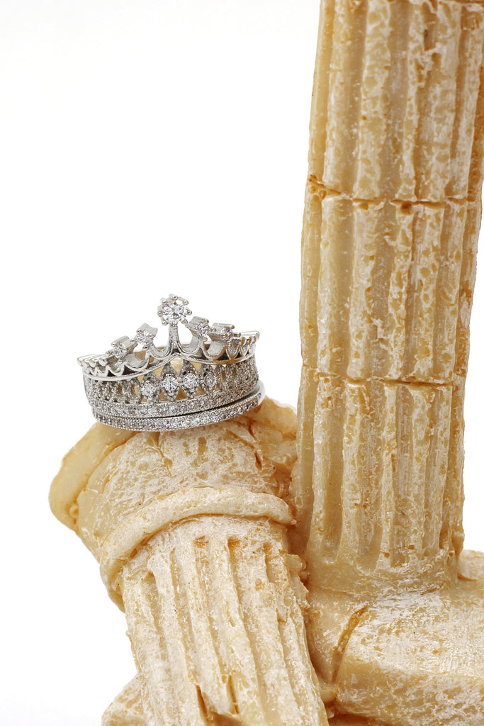 elegant crystal crown double silver ring