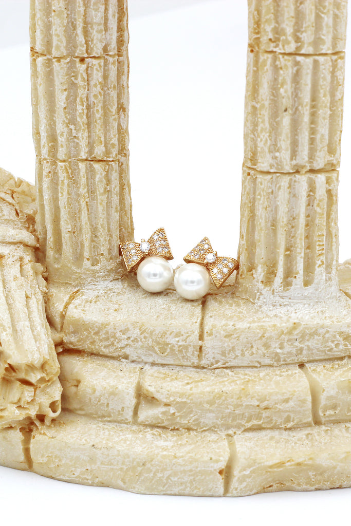 delicate bow pearl crystal ring earrings set