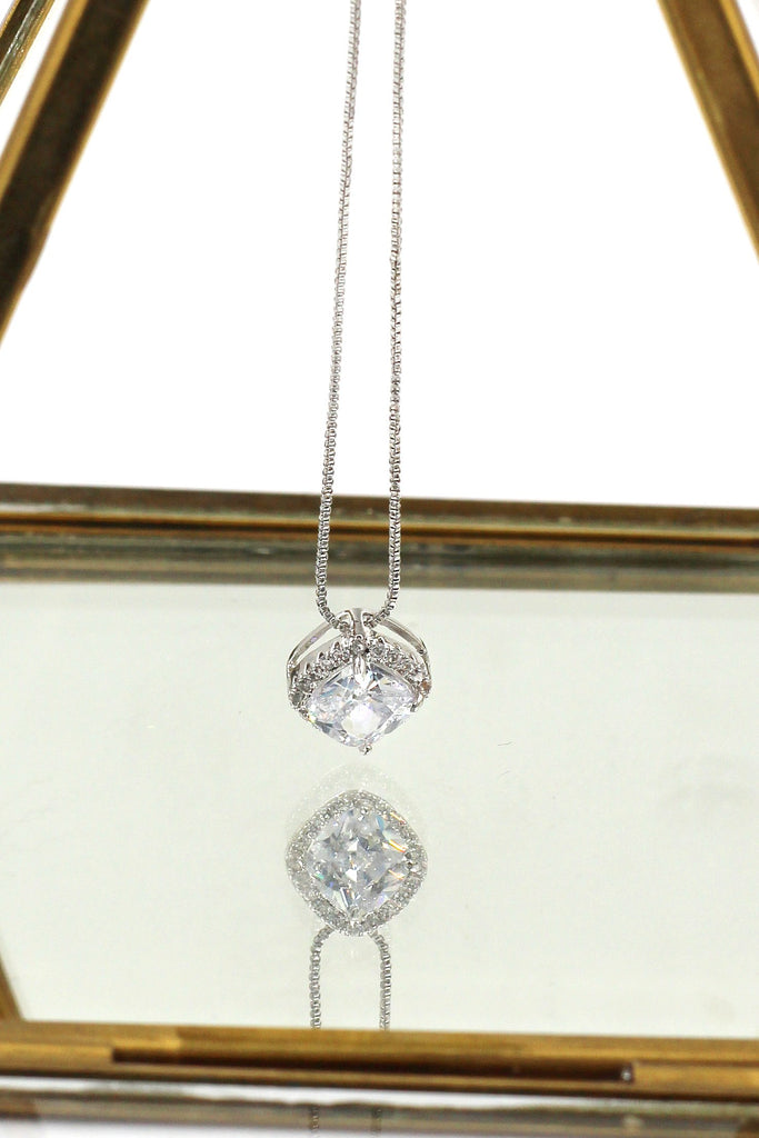 silver square crystal necklace ring set