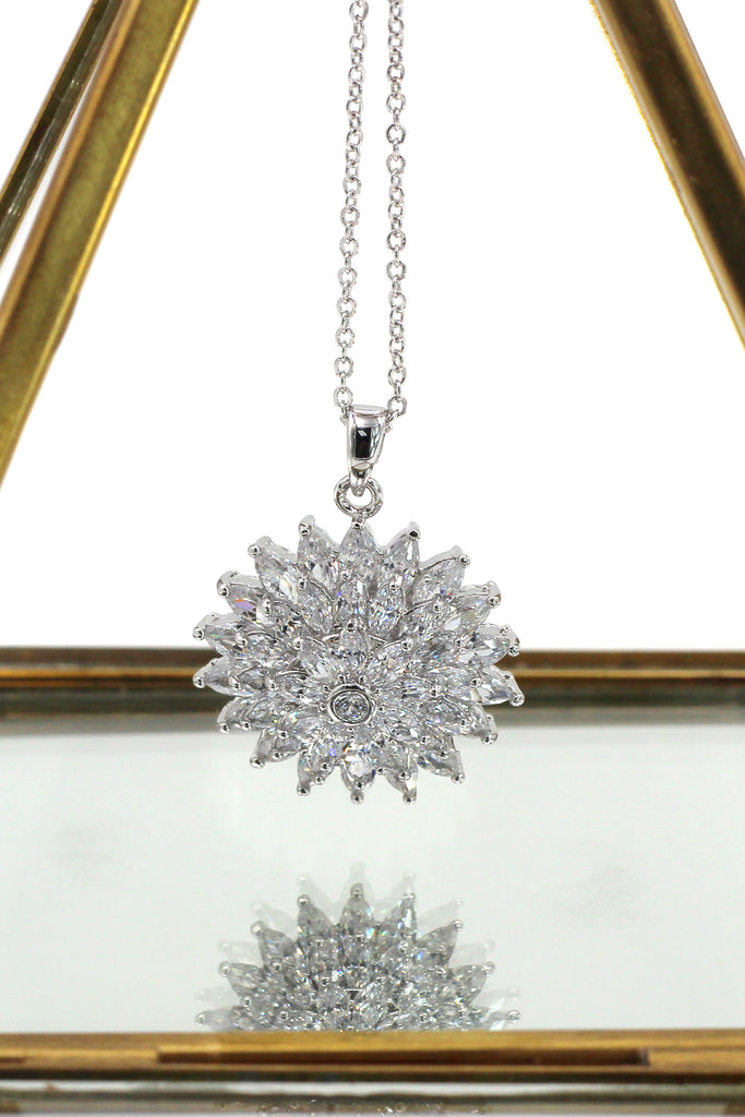 sparkling sunflower crystal silver necklace