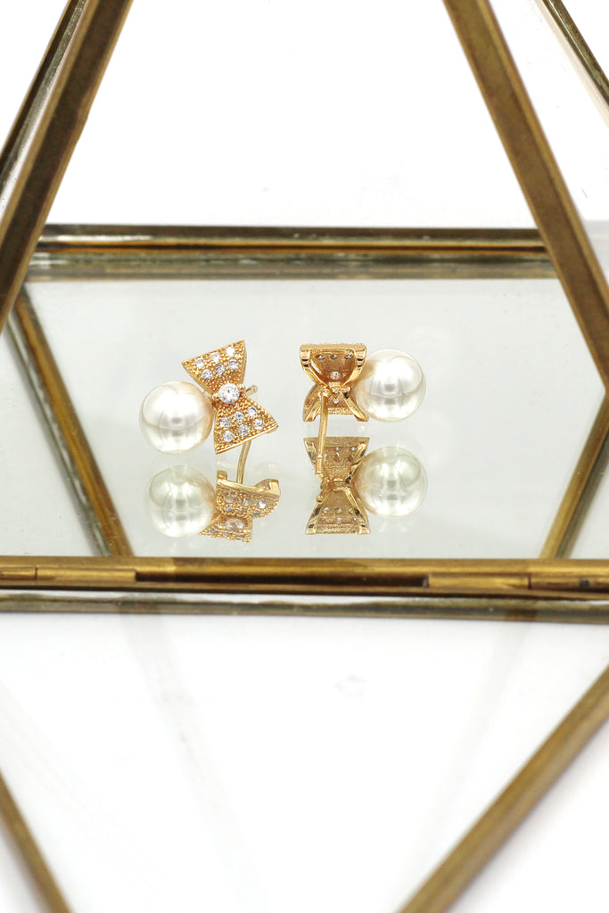 delicate bow pearl crystal ring earrings set