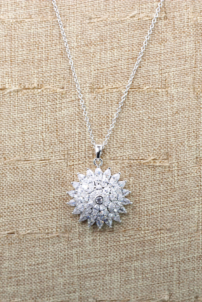 sparkling sunflower crystal silver necklace