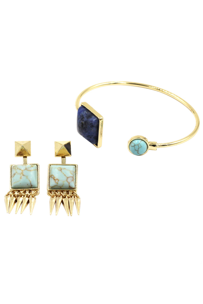 fashion square round golden bracelet earrings set