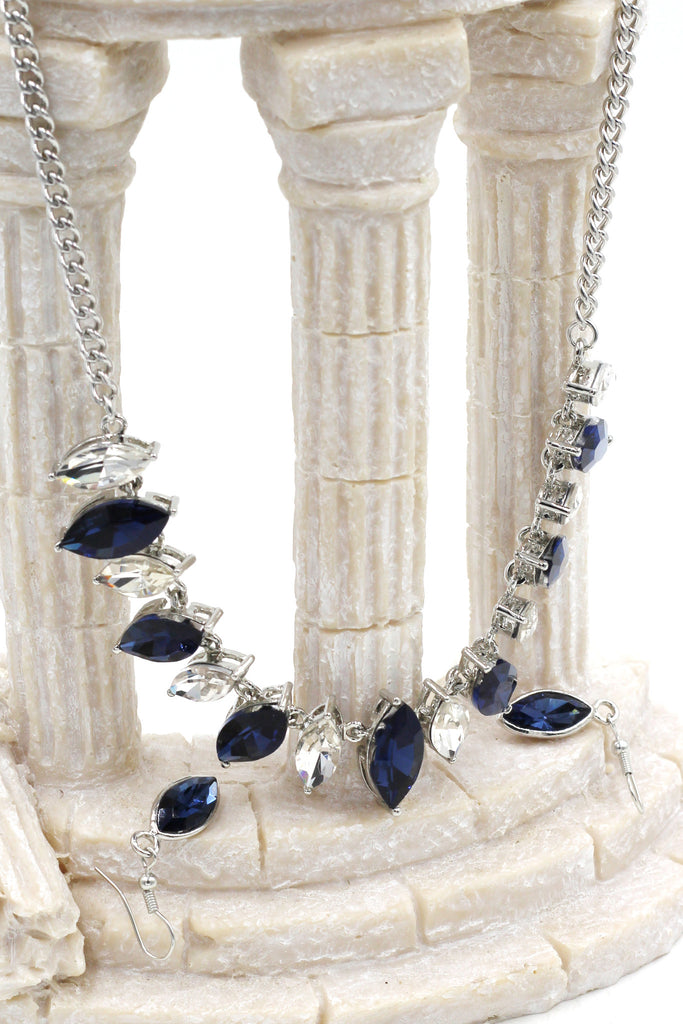fashion transparent and blue crystal necklace earrings silver sets