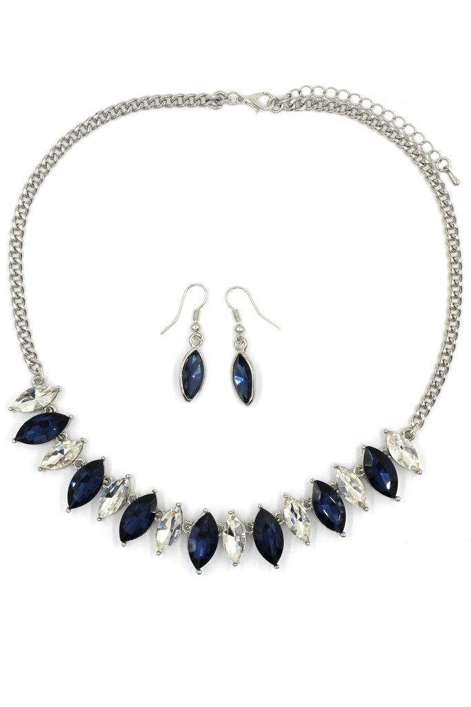 fashion transparent and blue crystal necklace earrings silver sets