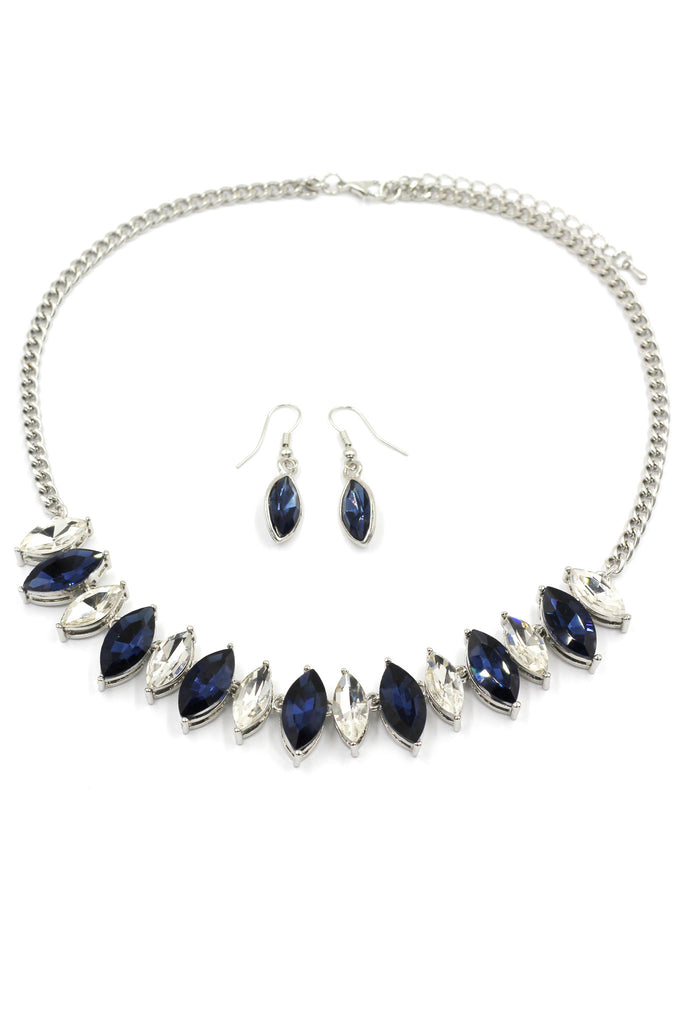 fashion transparent and blue crystal necklace earrings silver sets