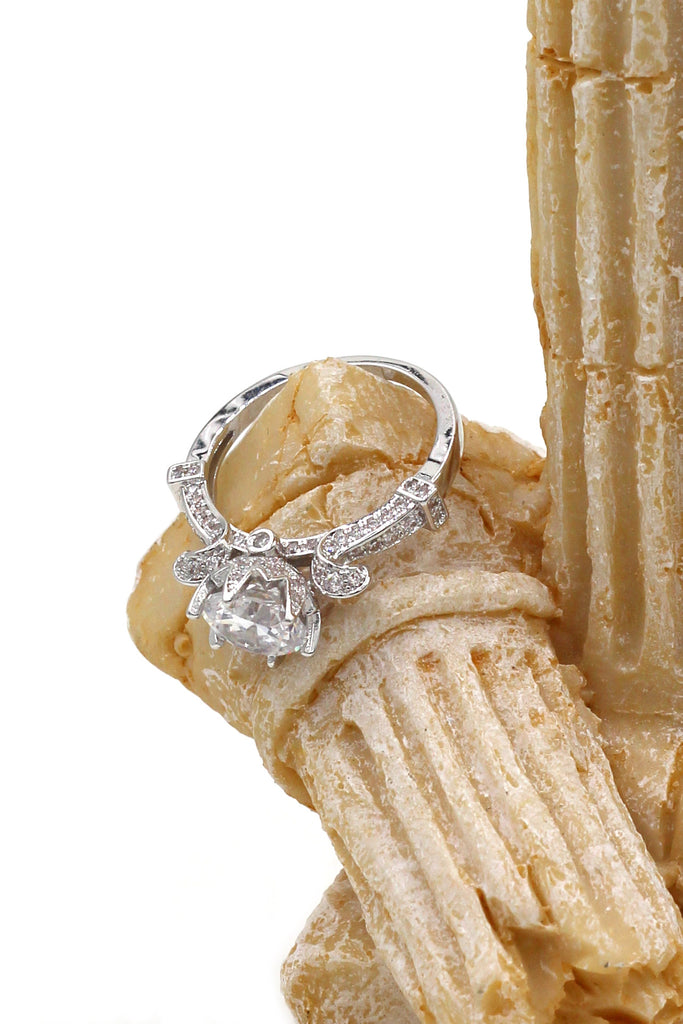 elegant crystal flower silver ring