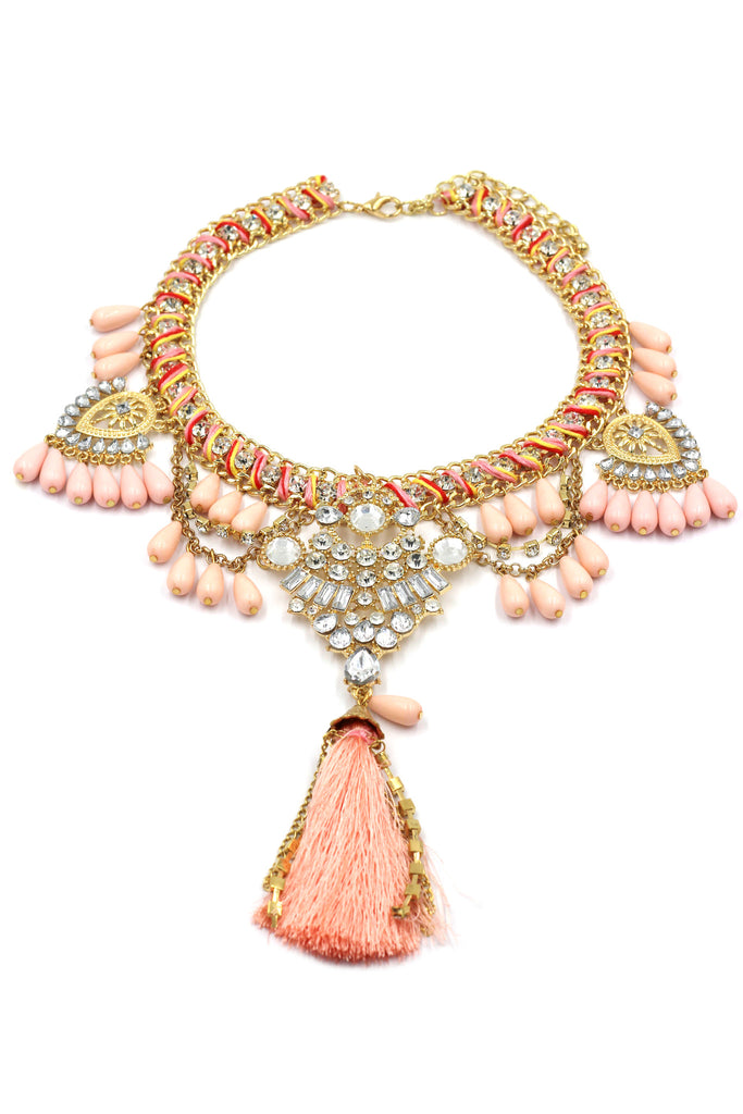 colorful tassel national crystal and beads necklace