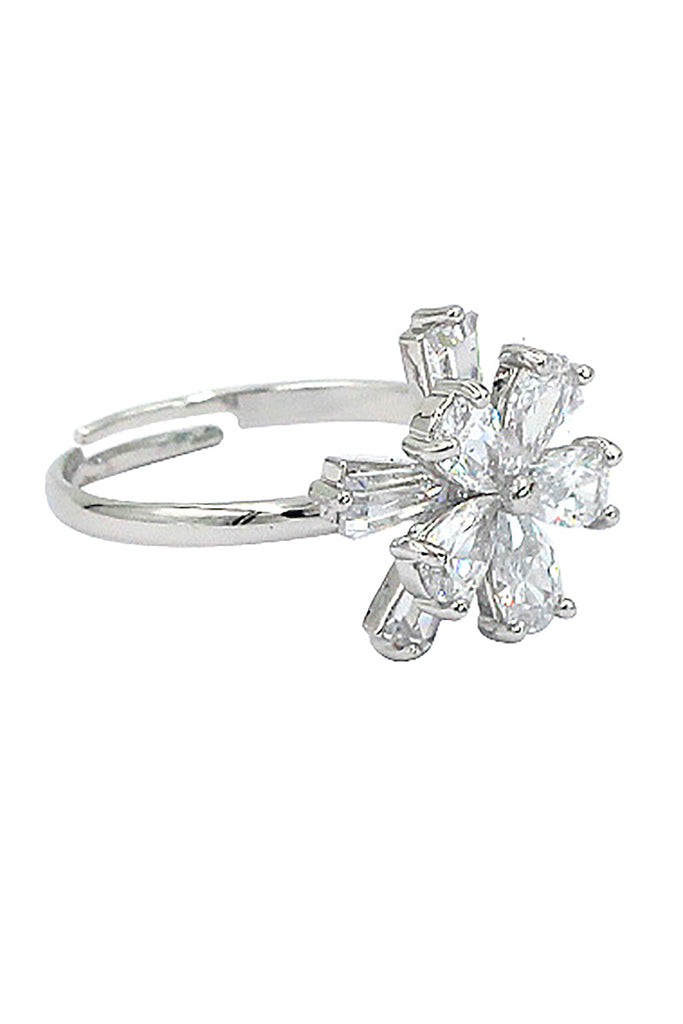 sparkling crystal double flower silver ring