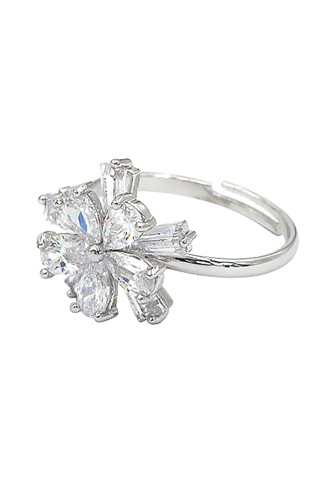 sparkling crystal double flower silver ring