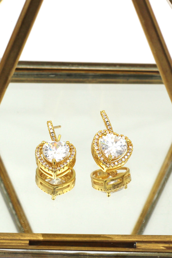 golden shiny crystal heart earrings