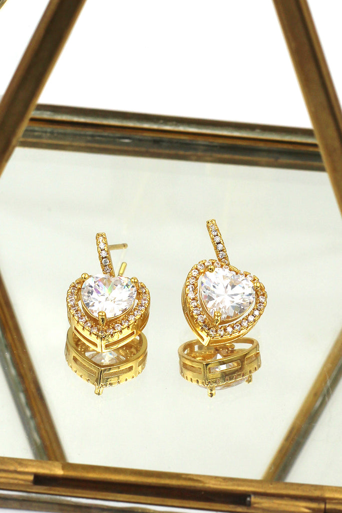 golden shiny crystal heart earrings