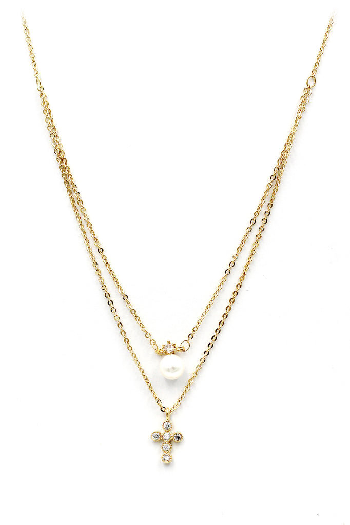double sided mini cross pearl necklace earrings set