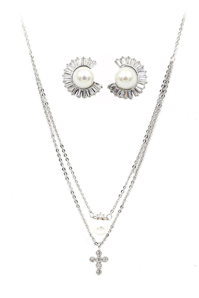 double chain crystal pearl earring set