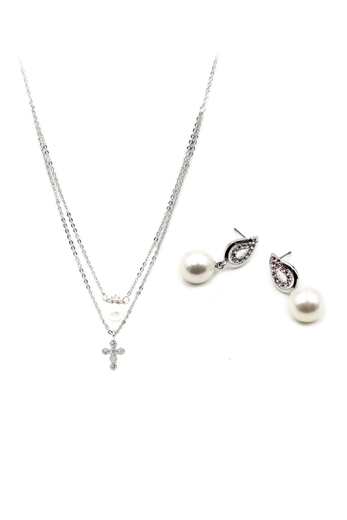 double chain pearl necklace earring set