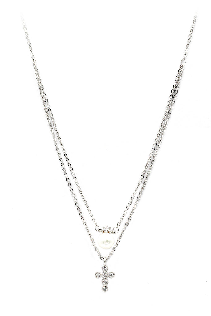 duplexes mini crystal cross pearl necklace