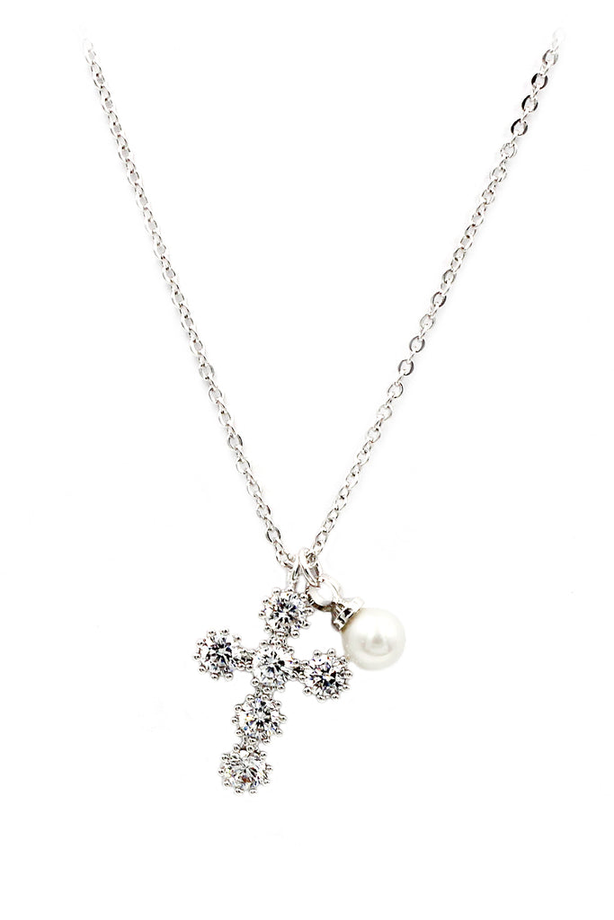 mini cross crystal pearl necklace earrings set