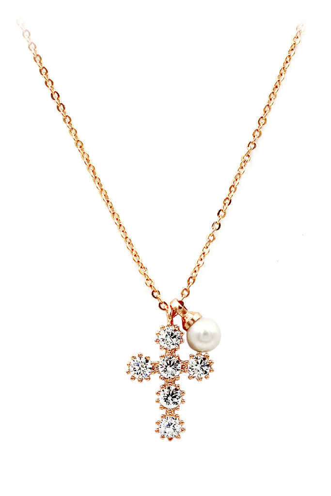 mini cross crystal and pearl rose gold necklace
