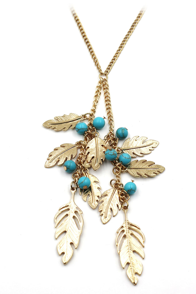 pendant golden leaves and beads sweater necklace