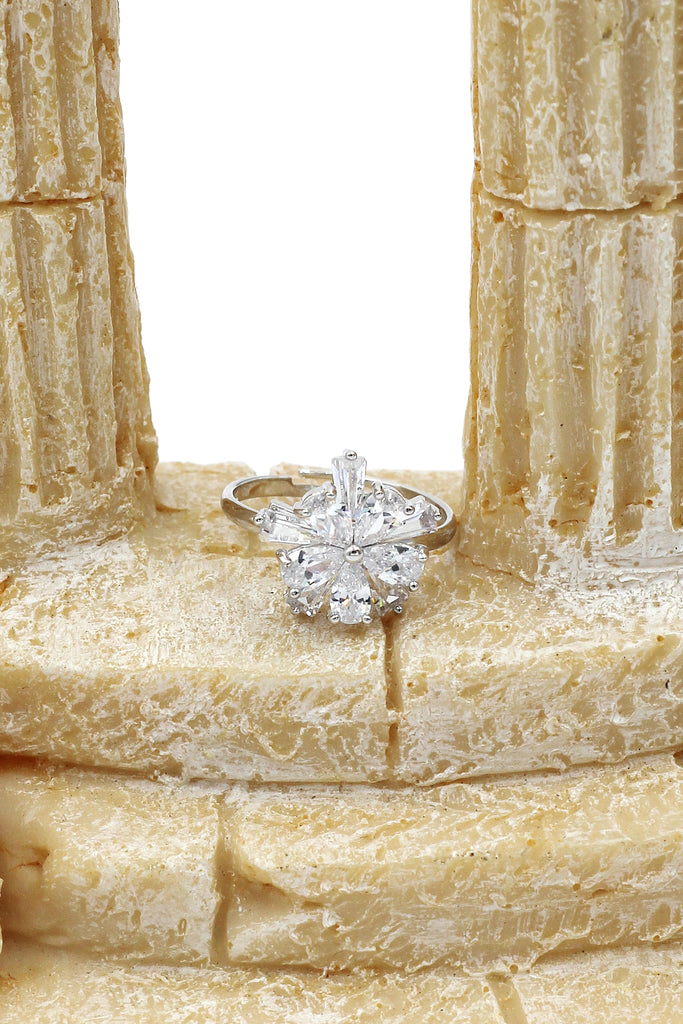 sparkling crystal double flower silver ring