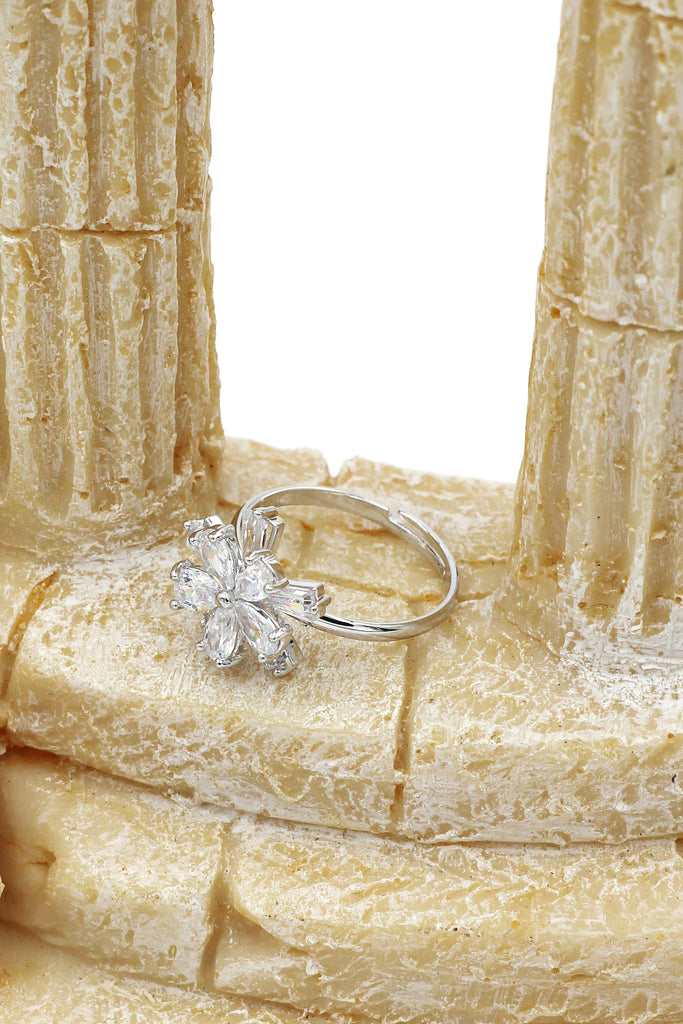 sparkling crystal double flower silver ring
