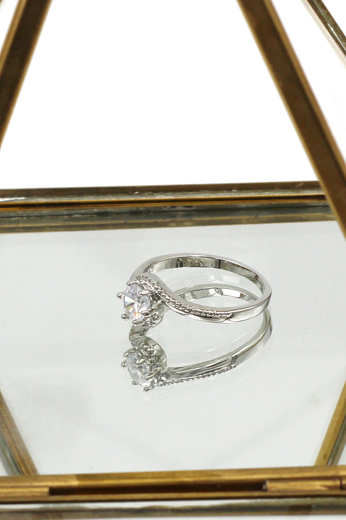 fashion wave bare crystal fine silver ring